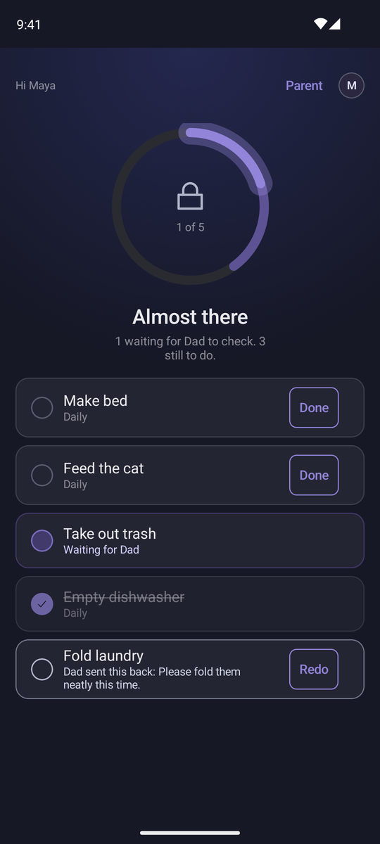 ChoreKey kid screen on Android showing apps locked with chores left to do