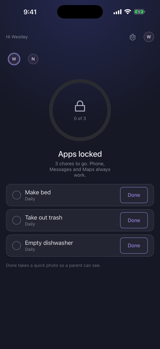 ChoreKey kid screen on iPhone showing apps locked with three chores left to do