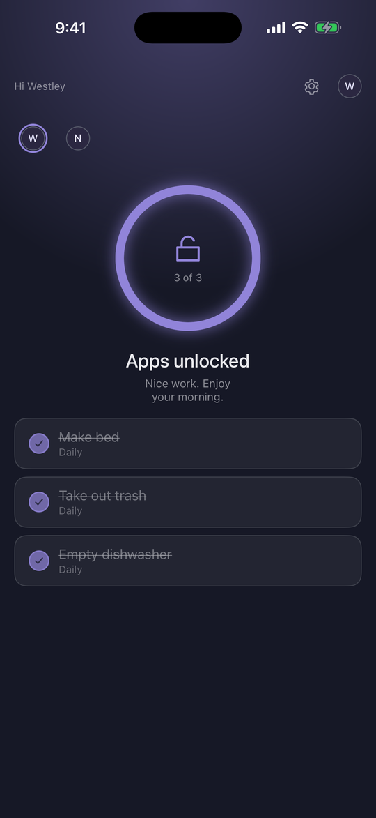 ChoreKey kid screen on iPhone showing apps unlocked after chores are approved